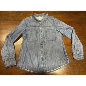 Eileen Fisher Denim Button Down Women PM Petite Medium Minimalist Western Aztec